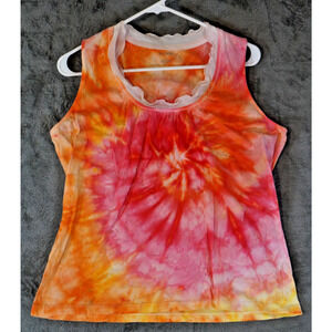 Madison Ruffle Neck Tank Top Large Tie‑Dye Pink Orange Fire Swirl Artisan Dyed